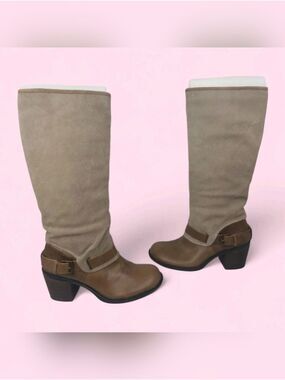 Bandolino Brown Leather & Taupe Suede Slouchy Tall Western Boots Stacked Heel 9